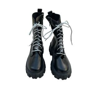 Diamond Black Chunky Lace-Up Side Zipper Calf Boot - Black Size 9.5